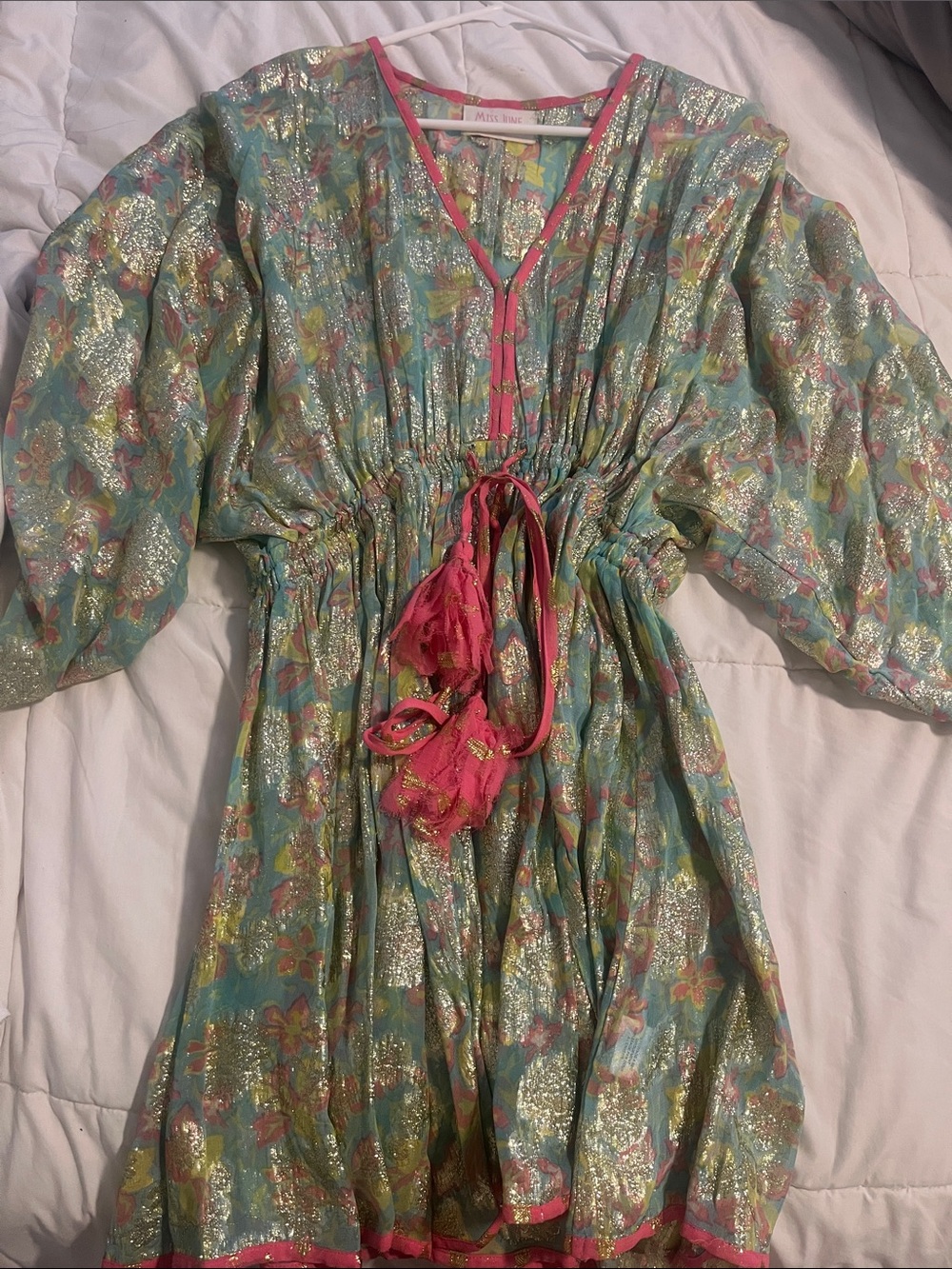 Miss Me Metallic Floral Tie-Waist Mini Dress in Aqua and Pink
